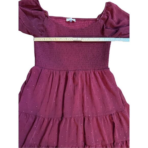 Altar’d State Women’s Vibrant Burgundy Babydoll Tiered Long Sleeve Dress Sparkle - Picture 4 of 10